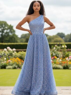 Sequin Velvety One-Shoulder Evening Gown in Periwinkle Blue.